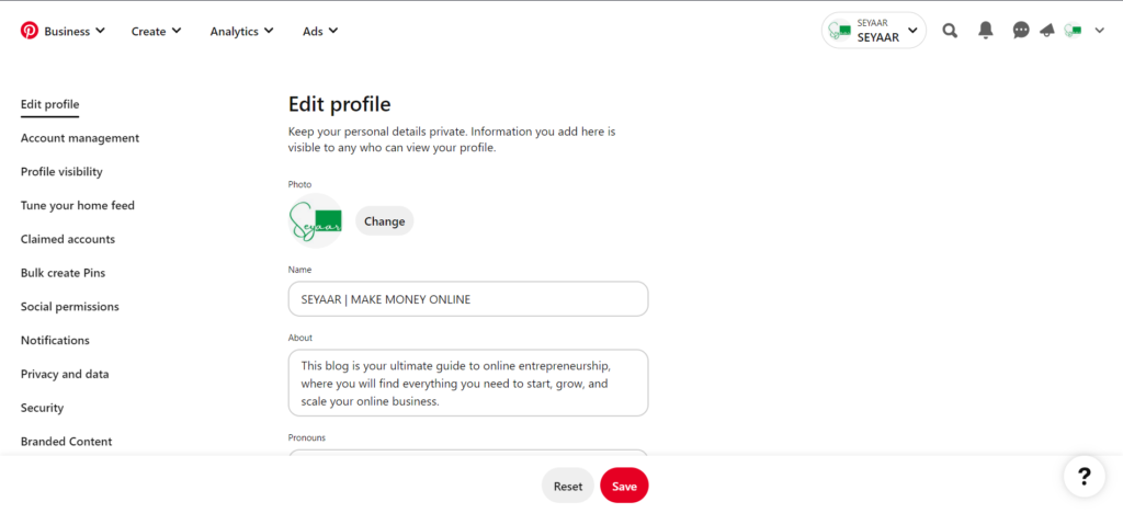 Screenshot Pinterest settings